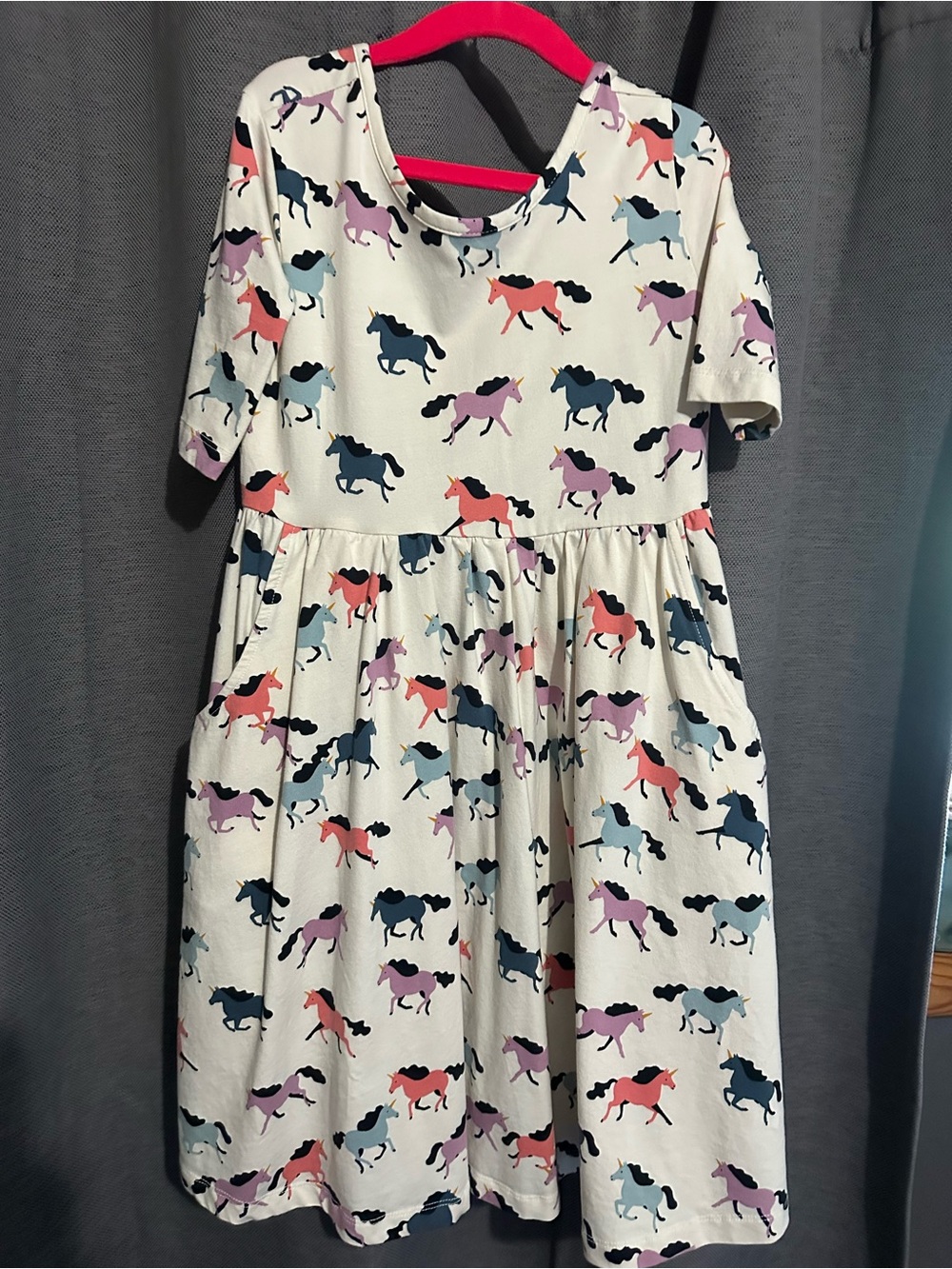 Hanna Andersson Cream Dress with Navy, Coral & Lavender Horse Print